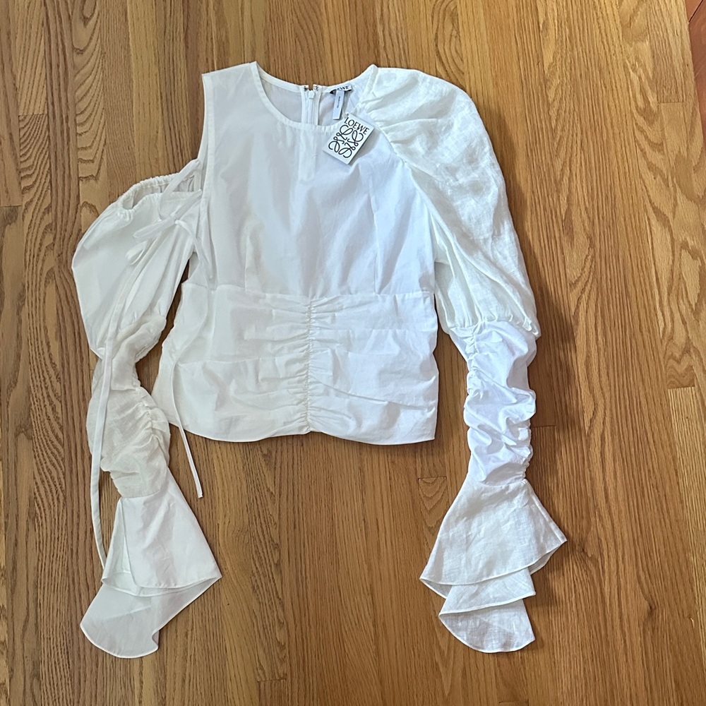 NWT Loewe White Ruched Sleeve Blouse